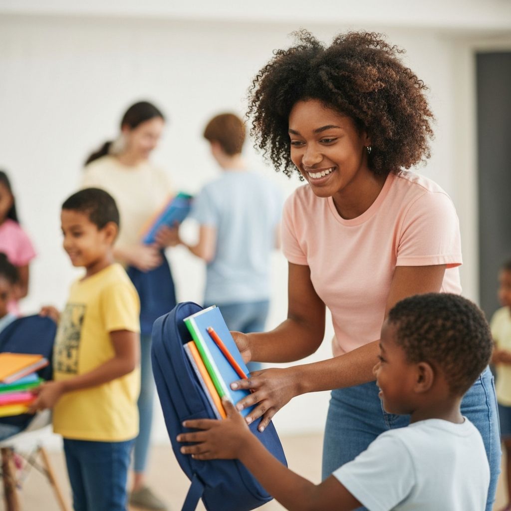 A volunteer handing school supplies to a smiling child at a Passion 4 K.I.D.S community event